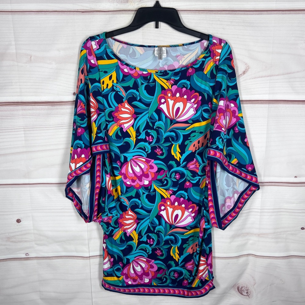 Trina Turk Floral Tunic Swim Coverup Women M Floral Boat Neck Drape Sleeve Dress